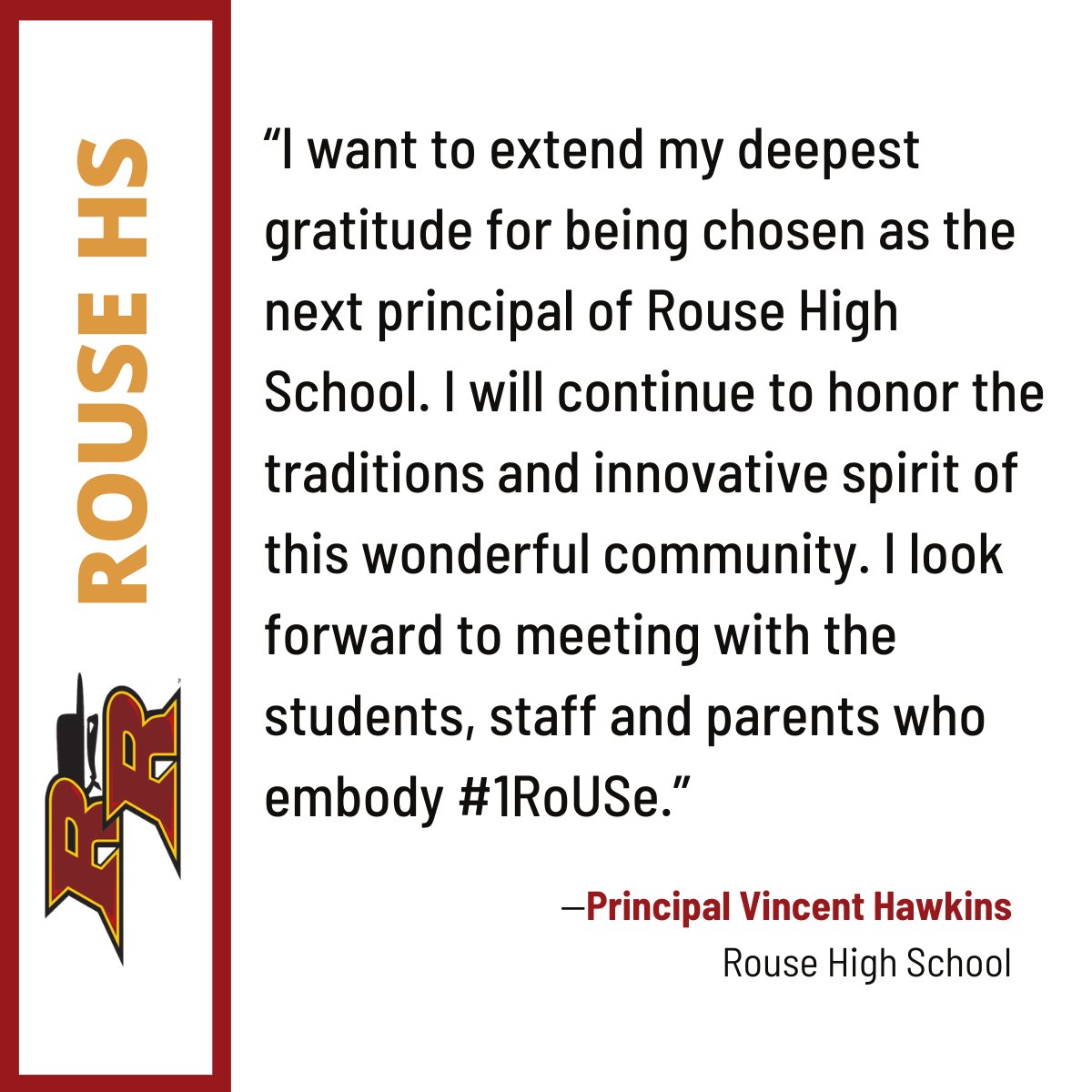 LeanderISD's tweet photo. #1LISD welcomes Vincent Hawkins, J.D., as principal of Rouse High School.

Read more: https://t.co/iEHRUmHbbq https://t.co/RBGagoo9VZ
