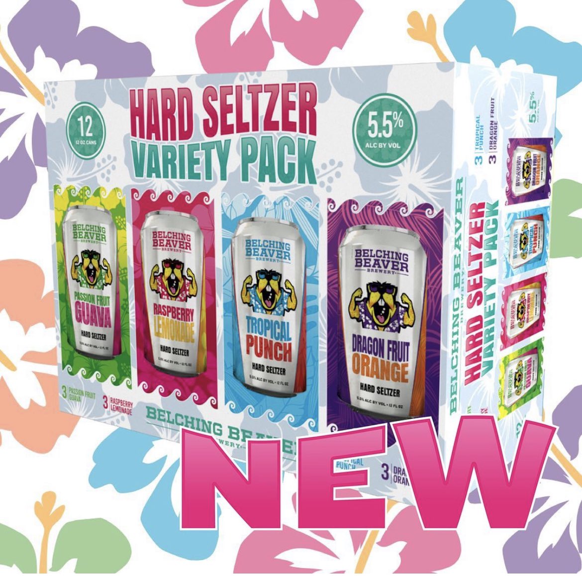 belchingbeaver's tweet photo. 🚨 New Hard Seltzer Variety Pack dropping this August! 🚨
 A tropical theme now runs through the new cans and variety box, imbuing the new flavors of Tropical Punch, Dragonfruit Orange and Raspberry Lemonade with colorful and fun patterns involving palm fronds, hibiscus flowers… https://t.co/UJW5715gXp