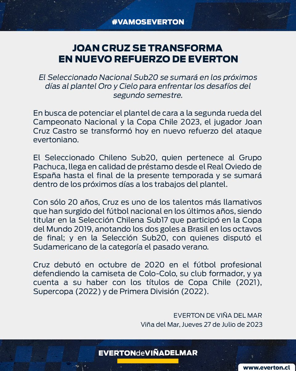 evertonsadp's tweet photo. 𝗖𝗢𝗠𝗨𝗡𝗜𝗖𝗔𝗗𝗢 📝 |  El Seleccionado Chileno Joan Cruz Castro es nuevo refuerzo de nuestro Club. El jugador proveniente del @RealOviedo se sumará en los próximos días a los trabajos del plantel.

#VamosEverton 💙💛 https://t.co/CNxeXMfzV0