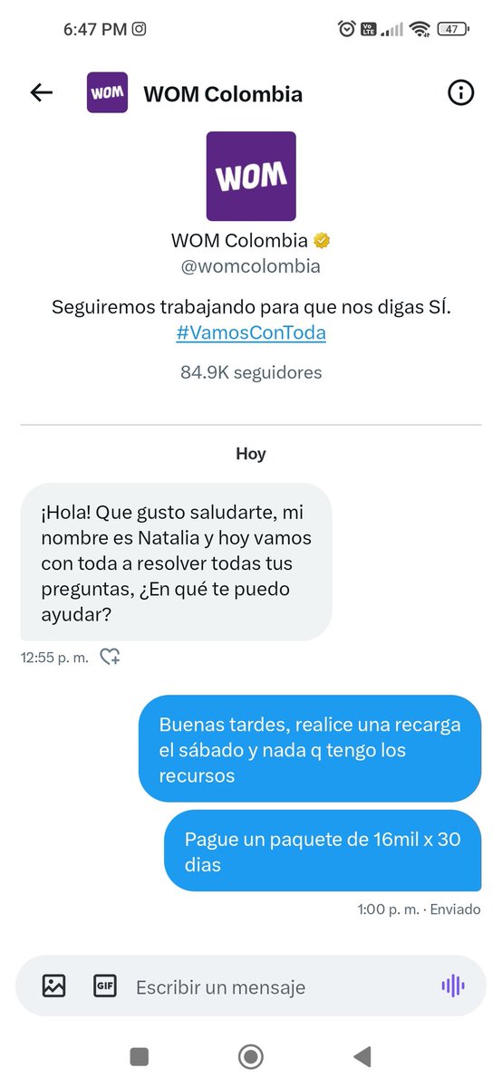 RubianoYi13's tweet photo. @womcolombia A la 1pm les respondi el mensaje, es la hora y nada que respondendan el requirimiento. Esto se le llama servicio al cliente??? https://t.co/ZR9iHBakwH
