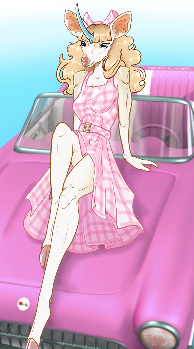 _Fahnta_'s tweet photo. #Barbie #Barbiefanart #BarbieTheMovie drew my namesake oc Fahn dressed like Barbie! Barbie-mobile was found on sketchfab! https://t.co/I6QE0zeHlc https://t.co/7XS68viRY7