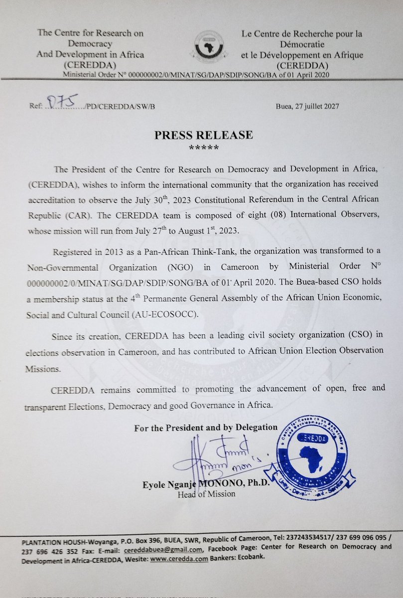 Ceredda's tweet photo. Press Release of CEREDDA concerning the accreditation to observe the July 30th, 2023 Constitutional in the Central African Republic (CAR). 
@_AfricanUnion 
@AUC_PAPS 
@CRTV_web https://t.co/zGdBtBDPJ6
