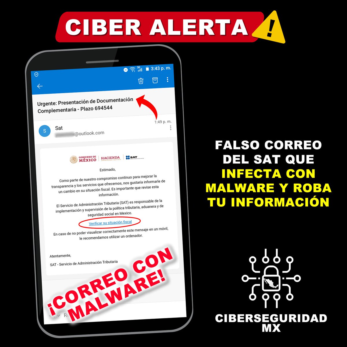 MexicoCiber's tweet photo. 🚧🚨¡CIBERALERTA!🚨🚧
Cibercriminales han lanzado una campaña de correos falsos suplantando al #SAT , infectan con el malware bancario #Mekotio,  que roba datos de cuentas bancarias e información de las víctimas.

#CiberseguridadMx #InternetSeguro #NoCaigas https://t.co/8bL0Aqguwy