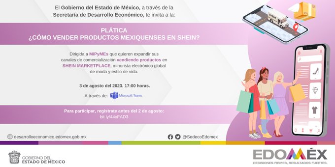 CecytemToluca2's tweet photo. ¿Te interesa expandir los canales de comercialización de tu producto vendiendo en #SHEIN? no puedes perderte la plática en línea que la #DGComercio tiene para ti.  Conéctate el 3 de agosto de 2023, a las 17:00 horas, a través de Microsoft Teams. https://t.co/r8PsgWvWQt