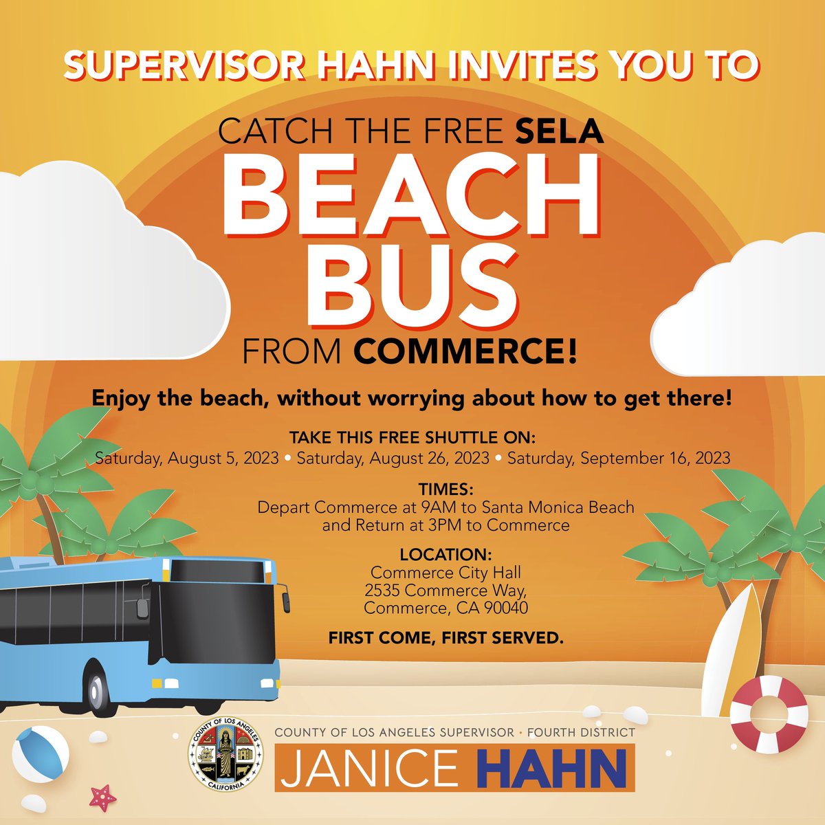 It’s beach season! ⛱️☀️Skip the traffic and parking with my free Beach Bus from Southeast LA. First come first served, taking off from <a href="/CityOfCommerce/">City of Commerce</a> August 5 and 26, and September 16.