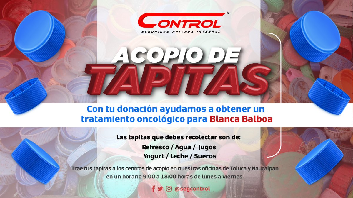 segcontrol's tweet photo. Con tus tapitas ayudamos a Blanca Balboa con su tratamiento oncológico
Para seguir apoyando esta causa social, te invitamos a seguir trayendo tus tapitas a los centros de acopio en nuestras oficinas de Naucalpan y Toluca.
#YoSoyControl #SeguridadControl #ESR https://t.co/15nT6tREGj
