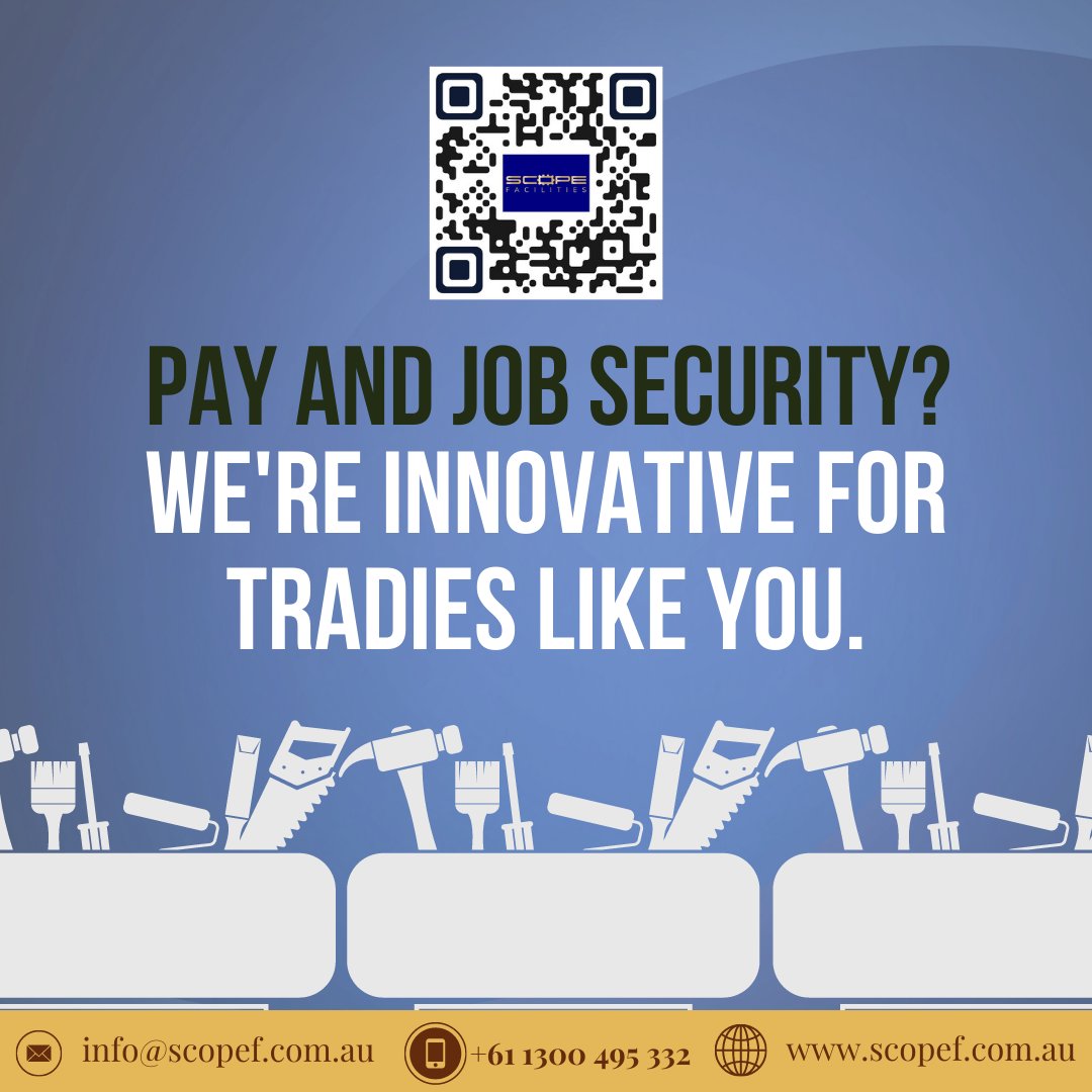 We strongly believe in empowering tradies like you to thrive in your profession.

qr.page/g/4Gl1cc2VPyp

#scopefacilities #australia #tradesmenopportunities #careeropportunities #sydney #melbourne #brisbane #perth #secureemployment #steadyincome #guaranteedpay #skilledtrades