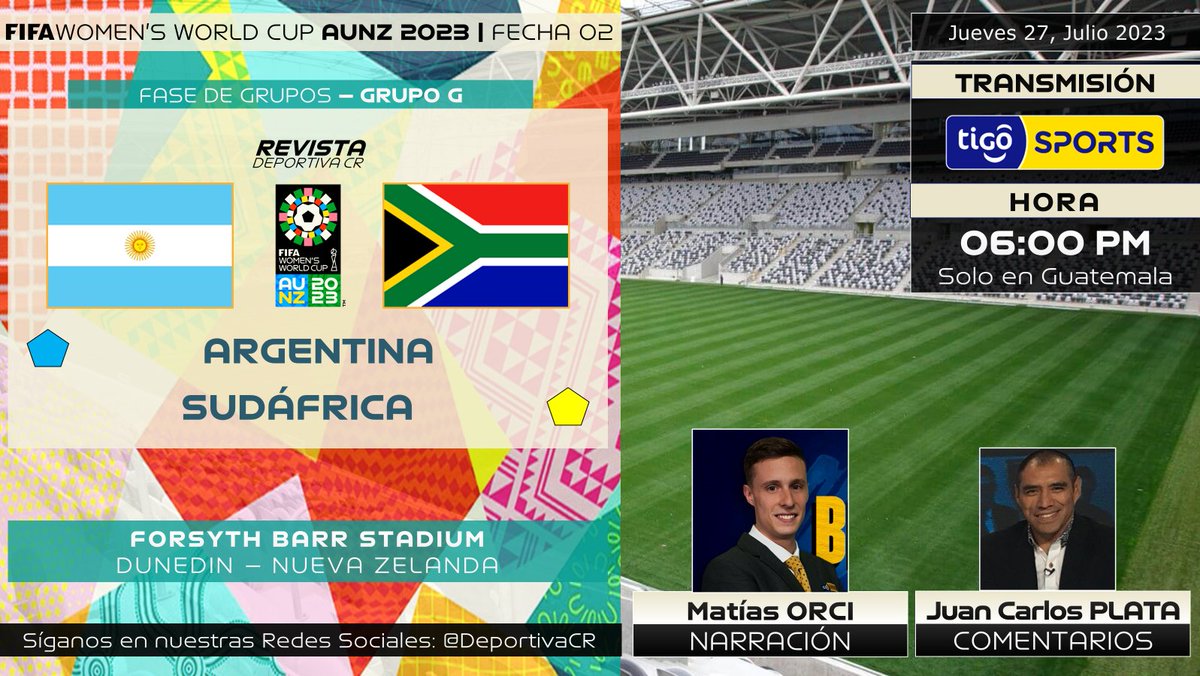 #AHORA 

🏆 <a href="/FIFAWWC/">FIFA Women's World Cup</a> AUS/NZL 2023 | Fecha 02
🇦🇷 <a href="/Argentina/">🇦🇷 Selección Argentina ⭐⭐⭐</a> v <a href="/Banyana_Banyana/">Sasol Banyana Banyana</a> 🇿🇦
🎙️ <a href="/matiorci/">Matias Orci</a> <a href="/pinplata/">Juan Carlos Plata</a> 
📺 <a href="/TigoSportsGt/">Tigo Sports GT</a> 
📱💻app tigosports.gt
⏰06:00pm GT
🇨🇷 #RDNorte #AOtroNivel #ARG #RSA #FIFAWWC #BeyondGreatness