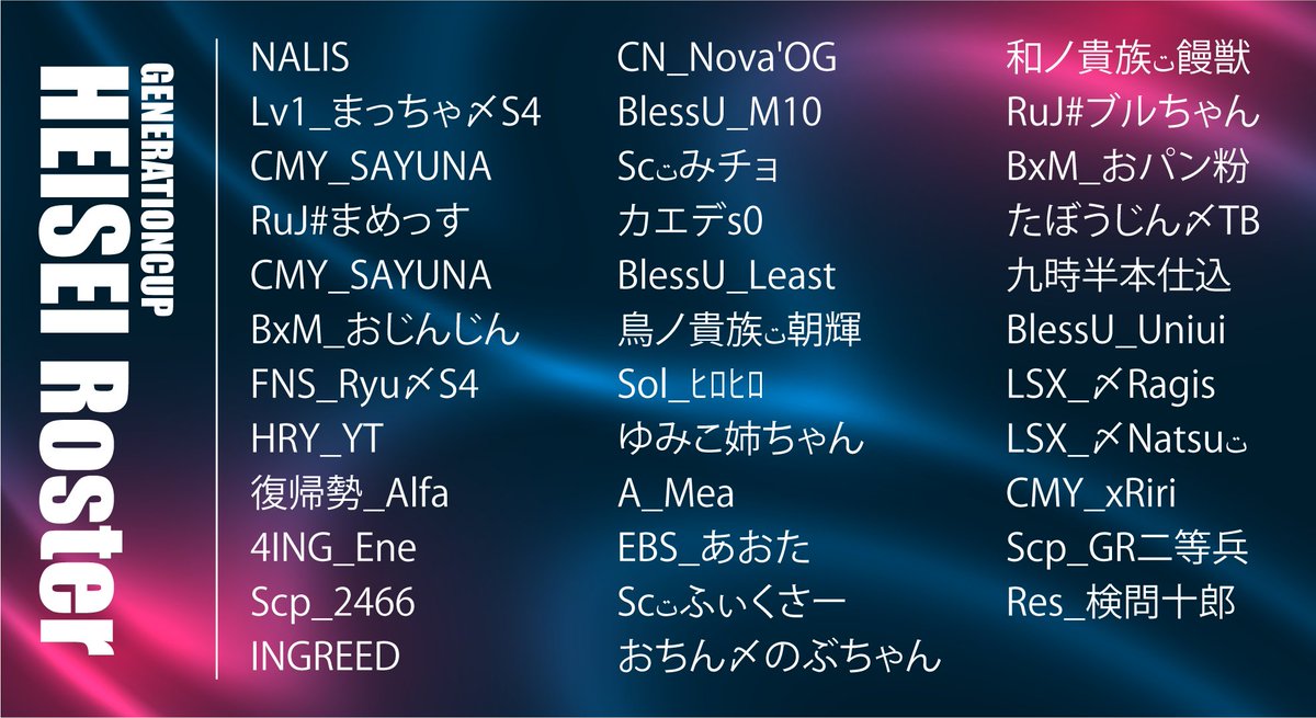 dinorugames's tweet photo. 第４回
#NEWSTATEMOBILE
GENERATIONCUP
2023/7/29 21:00～

昭和／平成 ロースター

#ニューステ https://t.co/AD6UCGFfsK