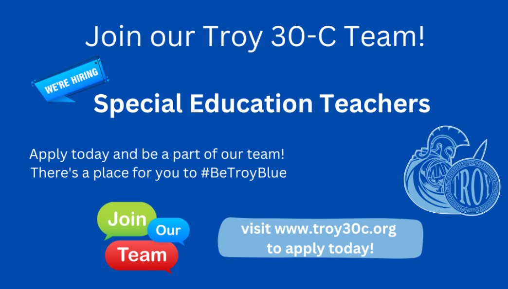 troyccsd30c's tweet photo. Calling all Special Education Teachers!
There's a place for you to #BeTroyBlue!
Visit our website https://t.co/lB0KWy3oKq to view and apply for open positions. https://t.co/661SYqee0Y