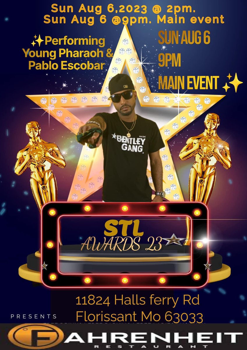 🏆Stl Awards Tricey Smith 2nd annual award show. Red carpet and vending at 2pm. Show starts at 3pm. Dinner 7pm
Main event at 9pm Stlawards Main Event/ Black Tie Dinner. Dope night Dope vibes. I will be performing songs “Young Pharaoh and Pablo Escobar” at main event #StLouis👇🏽