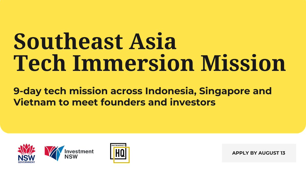 Export Council of Australia (@aussieexport) on Twitter photo Join the Southeast Asia Tech Immersion Mission (24 Sept - 3 Oct) through <a href="/HaymarketHQ/">Haymarket HQ</a> and funded by <a href="/InvestmentNSW/">Investment NSW</a> to connect with SEA's tech ecosystem, grow your network, and take the first step in building your SEA strategy.
Learn more & apply: haymarkethq.com/programs/south… Join the Southeast Asia Tech Immersion Mission (24 Sept - 3 Oct) through <a href="/HaymarketHQ/">Haymarket HQ</a> and funded by <a href="/InvestmentNSW/">Investment NSW</a> to connect with SEA's tech ecosystem, grow your network, and take the first step in building your SEA strategy.
Learn more & apply: haymarkethq.com/programs/south…