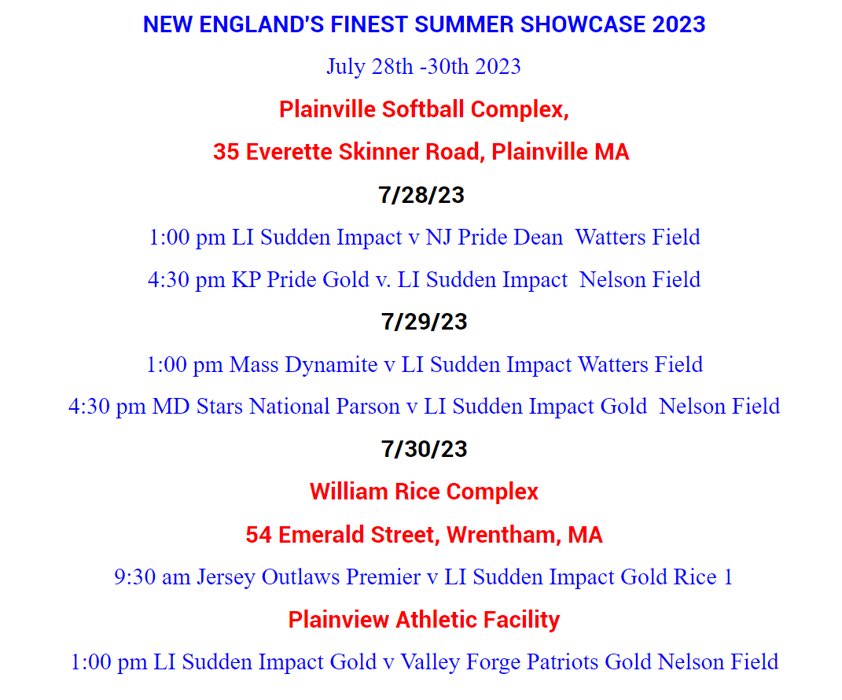 Heading up to Massachusetts for the New England’s Finest Summer Showcase tournament this weekend. Here is my schedule