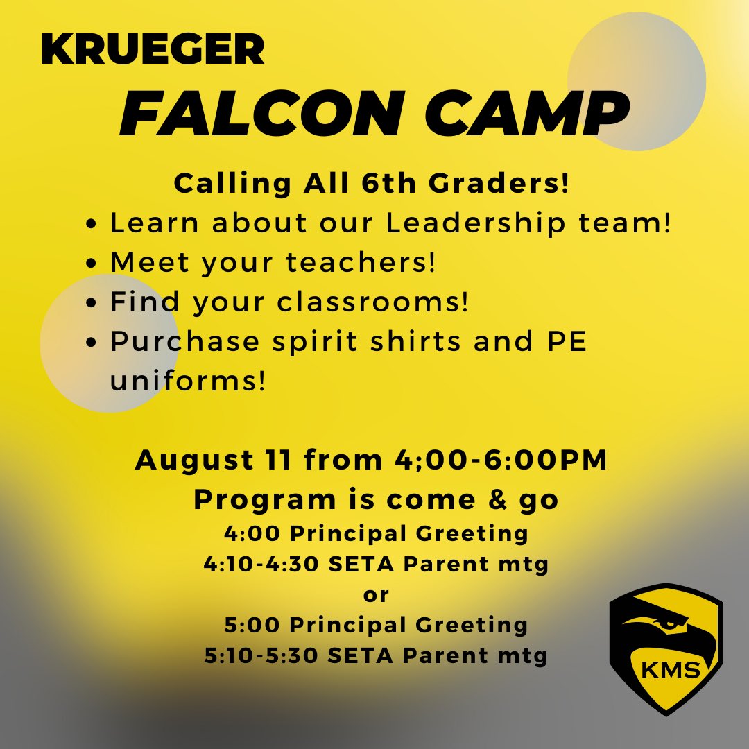 We want you! All 6th graders are invited (SETA &amp; main campus students) on Aug.11 from 4-6:00PM! We want you to learn the Falcon Way! <a href="/KMSLadyFalcons/">Krueger Girls Athletics</a> @KMS_Mireles <a href="/KMSFamilyKMS/">Mrs. Aldana</a> <a href="/WeTeachSETA_CTE/">We Teach SETA~ CTE</a> <a href="/teacherkrueger/">Ashley Cook</a> <a href="/KruegerMS_Math/">Krueger Math Team</a> @KMS_History <a href="/KMSSci/">Krueger Science Dept</a> <a href="/BoysKrueger/">Krueger Boys Athletics</a> <a href="/FalconPTA/">Krueger MS PTA</a>