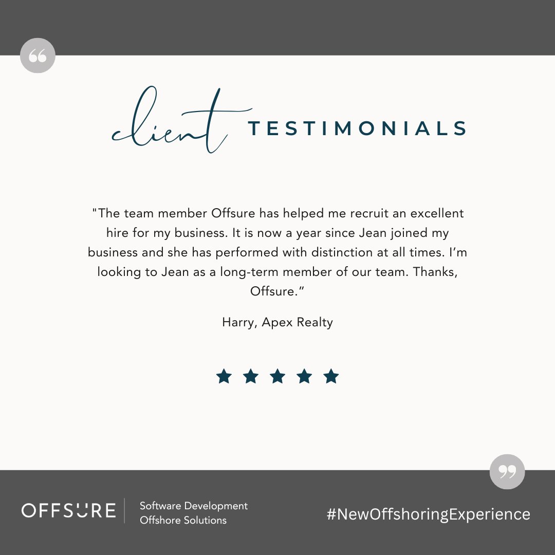 OFFSUREtogether's tweet photo. Excited to share this testimonial from one of our valued clients.

Jean, thank you for your exceptional assistance and support to our client, Harry.

#OffsureClients #PeopleBusinessTogether #Offshoring https://t.co/MJLJaRLQWU