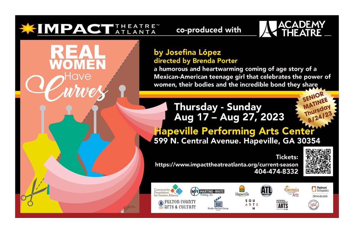 AcademyTheatre's tweet image. REAL WOMEN HAVE CURVES 
Impact Theatre Atlanta is co-producing this show with the Academy and the show is directed by Brenda Porter! The show runs August 18 through 27. We have a preview dress rehearsal the 17th!
#AcademyTheatreGA #AtlantaActors #ImpactTheatreAtlanta