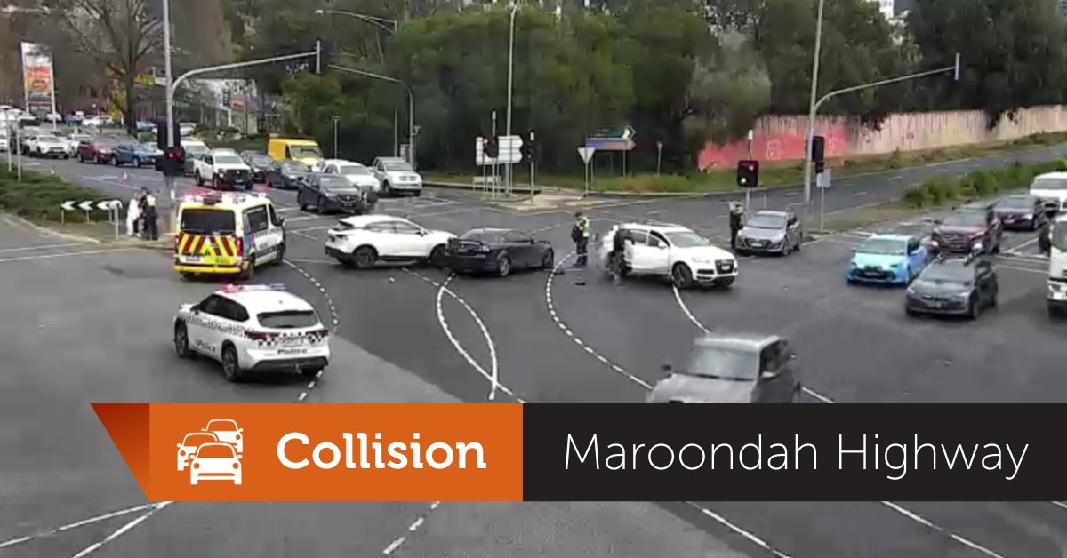 Four outbound lanes closed on the Maroondah Highway at the Ringwood Bypass, Ringwood due to a collision. Access to the Ringwood Bypass inbound only via a left turn. Please follow the direction of emergency services. All other directions are affected. #victraffic