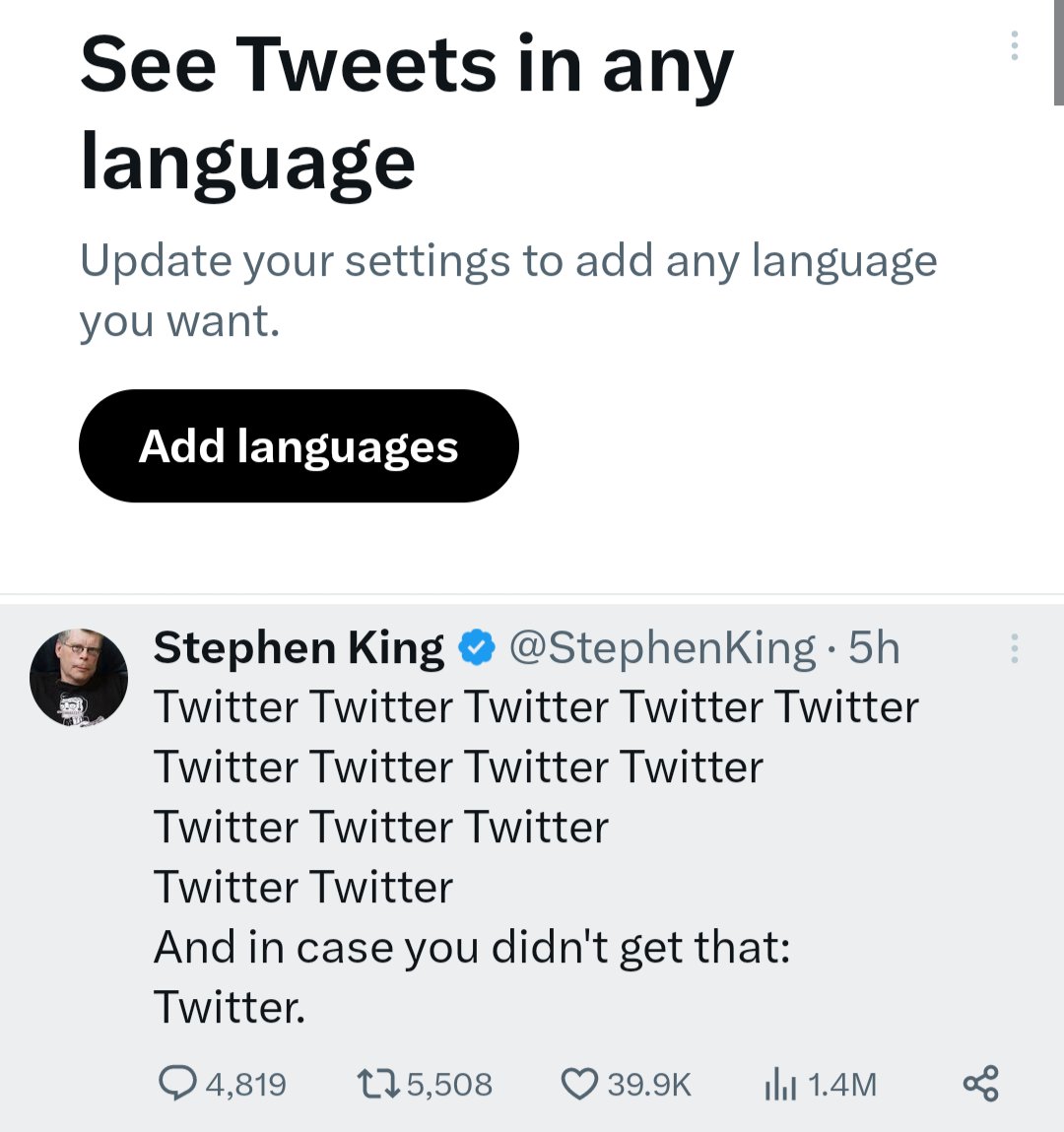 ItsPastorCam's tweet photo. @elonmusk @StephenKing Elon Musk still calls them tweets 😂 https://t.co/6uBZf1iCfO