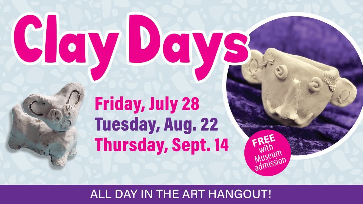 ✨Have a fantastic day in clay!✨ Friday, July 28 9 a.m. - 4 p.m. Working with clay is a fun, sensory activity for kids as well as an opportunity to get creative with it! Free with Museum admission Check out our calendar of events to see other dates for Clay Days!