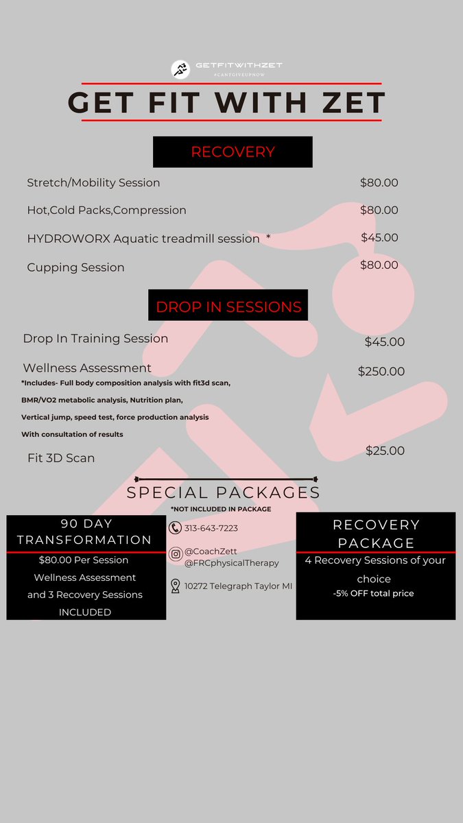 DM me or call my gym to get started! 
 (734) 287-8009
You can’t grow if you don’t recover 📈more details on my IG/ CoachZett