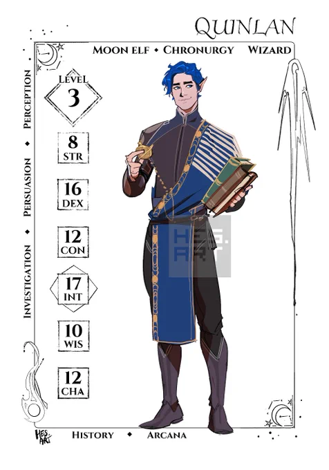 I did a test of my #DnD/#Pathfinder2e character showcase format with my wizard, Quin, and it went well 🧙⚗️✨ 