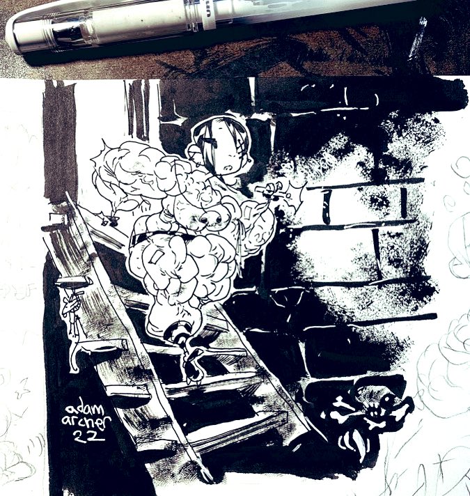 my buff monster fighter checking out the  cellar  🔦💀 #creatorownedcomics  #art  #drawing  #illustration #ink #inks #inking  #conceptart #fbb #conceptartist   #characterdesign  #musclewomanart #fbbart #shelifts  #characterdesigner