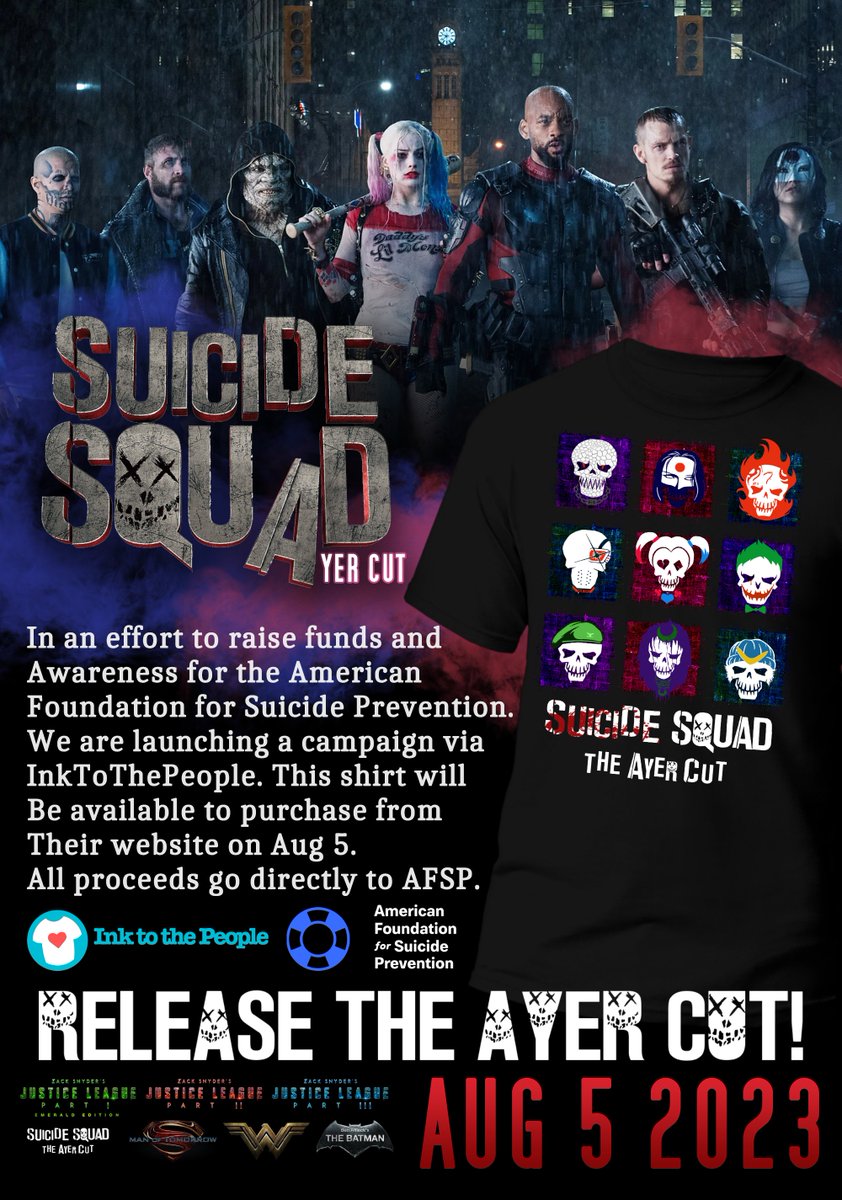 SnyderQueen_'s tweet image. #ReleaseTheAyerCut shirt available 5 AUG
All proceeds go to @afspnational #AFSP 💙