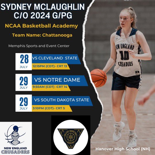 necrusaders's tweet photo. Best of luck to New England Crusader โ24 5โ11 PG Sydney McLaughlin at the @thecbbacademy this weekend in Memphis!!
#sniperfrom3 #dimedropper #versatileguard #cbbacademy #saderfam https://t.co/GKdiFMAvCW