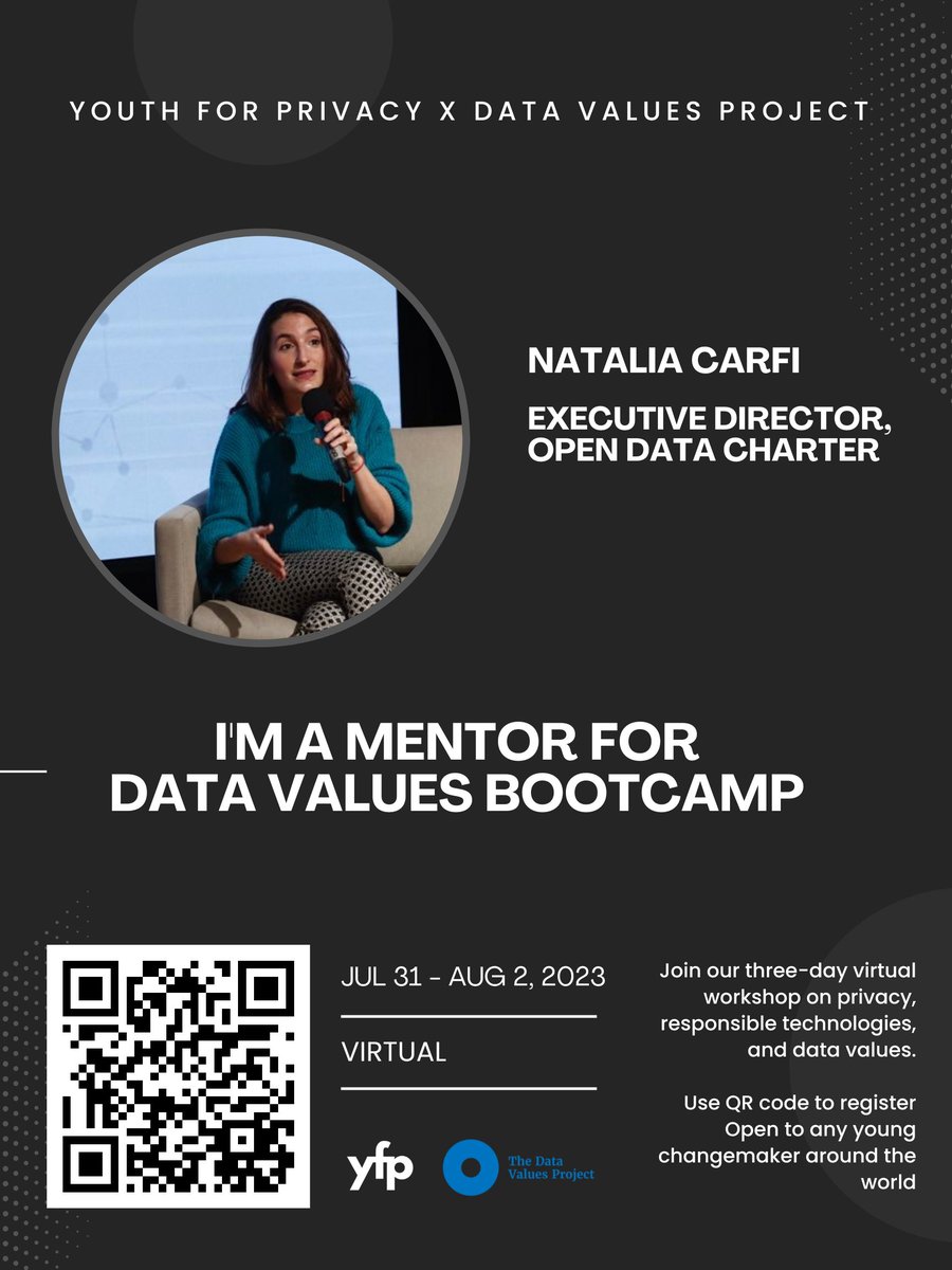 Open Data Charter (@opendatacharter) on Twitter photo We'll be at <a href="/youthforprivacy/">Youth for Privacy</a>'s #DataValuesBootcamp! Our own <a href="/naticarfi/">Nati Carfi 💜</a> is joining the session on July 31st as a mentor. Looking forward to meeting everyone! We'll be at <a href="/youthforprivacy/">Youth for Privacy</a>'s #DataValuesBootcamp! Our own <a href="/naticarfi/">Nati Carfi 💜</a> is joining the session on July 31st as a mentor. Looking forward to meeting everyone!