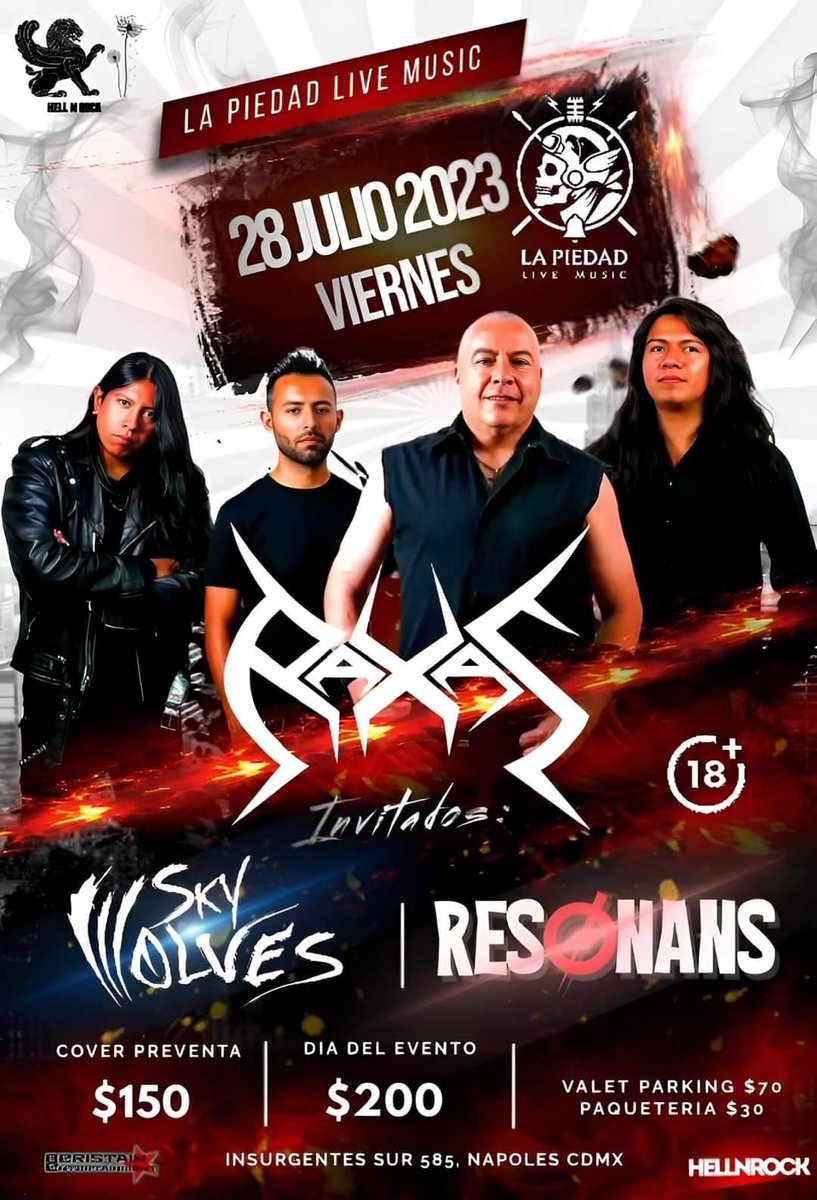 MandoKalani's tweet photo. Gran festejo por el 33 Aniversario de la legendaria banda de @raxasoficial , mañana viernes 28 de Julio en @LaPiedad #LiveMusic con #SkyWolves + #ResØnans por @BeristainEntmt 🤘☠️🤘 yeos !!! https://t.co/jXbYX7XLDa