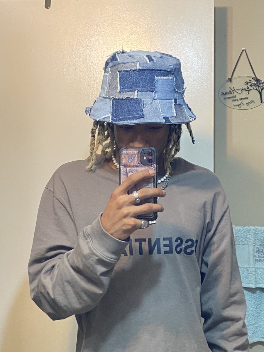 kid_carty's tweet photo. Patchwork denim bucket hat by me https://t.co/l6tkxlh1Jr