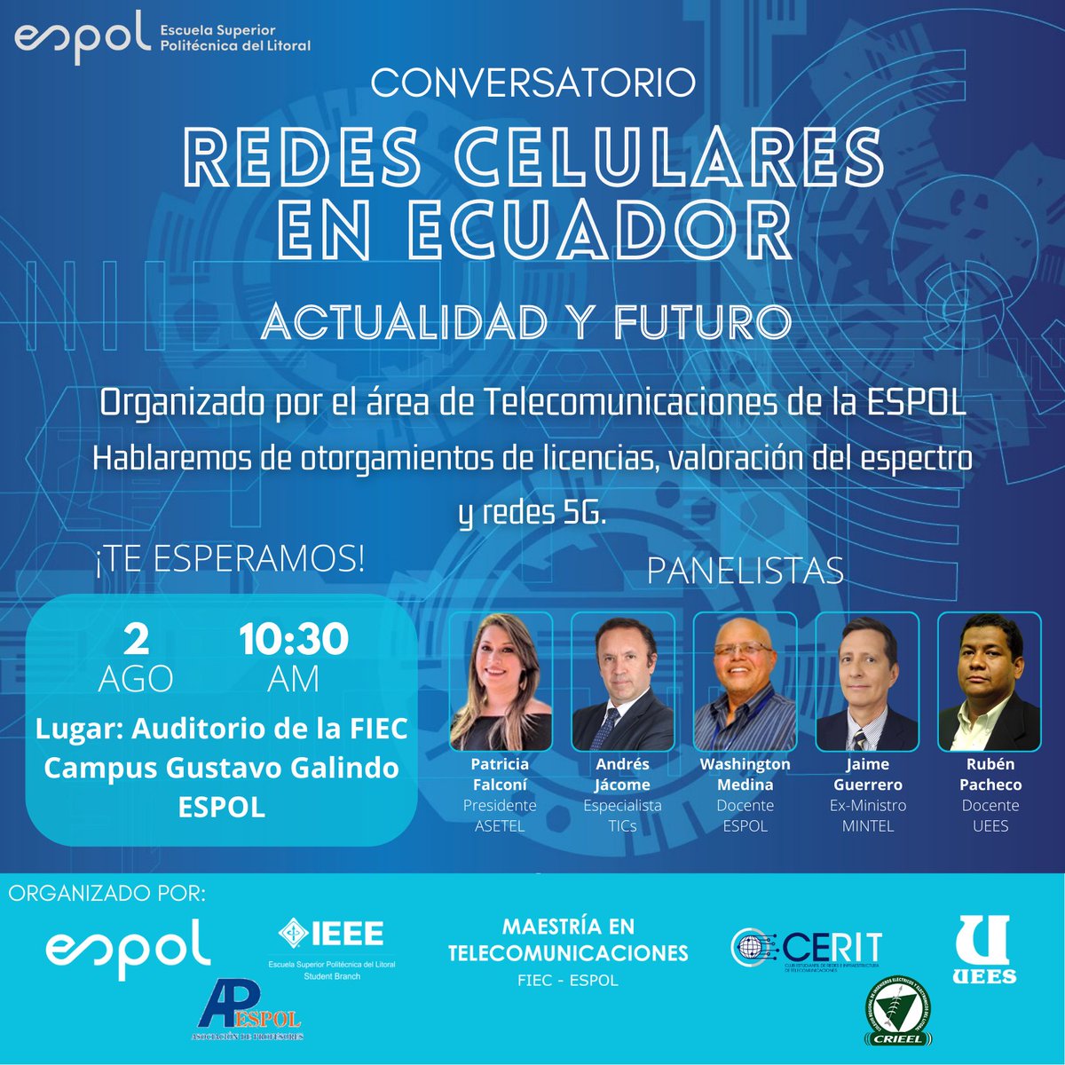 El área de TELECOMUNICACIONES de la ESPOL les invita a participar del conversatorio "Redes Celulares en Ecuador , Actualidad y Futuro"
<a href="/cparedesverduga/">Cecilia Paredes Verduga</a> <a href="/JorgeAragundiR/">Jorge Aragundi R</a> <a href="/espol/">ESPOL</a> <a href="/CRIEEL_GYE/">CRIEEL</a> <a href="/fnovillo76/">Francisco</a>
