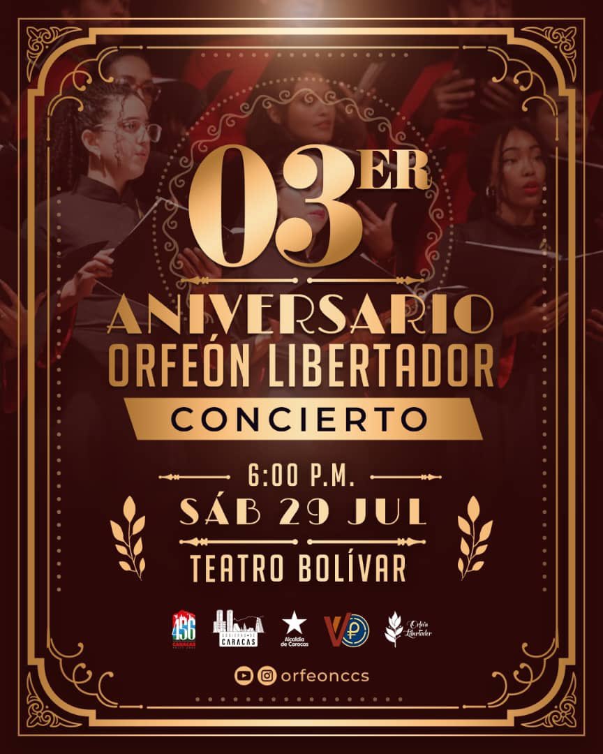 Ahiryn Yepez (@ahirynyepez) on Twitter photo Los Laureles Dorados cerramos temporada con nuestro
“Concierto Aniversario” del <a href="/orfeonccs/">Orfeón Libertador</a>
📅 Sábado 29 de julio
📍En el hermoso Teatro Bolívar~ Casco histórico de Caracas
🕕 A las 6:00pm
¡Los Esperamos!
#EntradaLibre Los Laureles Dorados cerramos temporada con nuestro
“Concierto Aniversario” del <a href="/orfeonccs/">Orfeón Libertador</a>
📅 Sábado 29 de julio
📍En el hermoso Teatro Bolívar~ Casco histórico de Caracas
🕕 A las 6:00pm
¡Los Esperamos!
#EntradaLibre