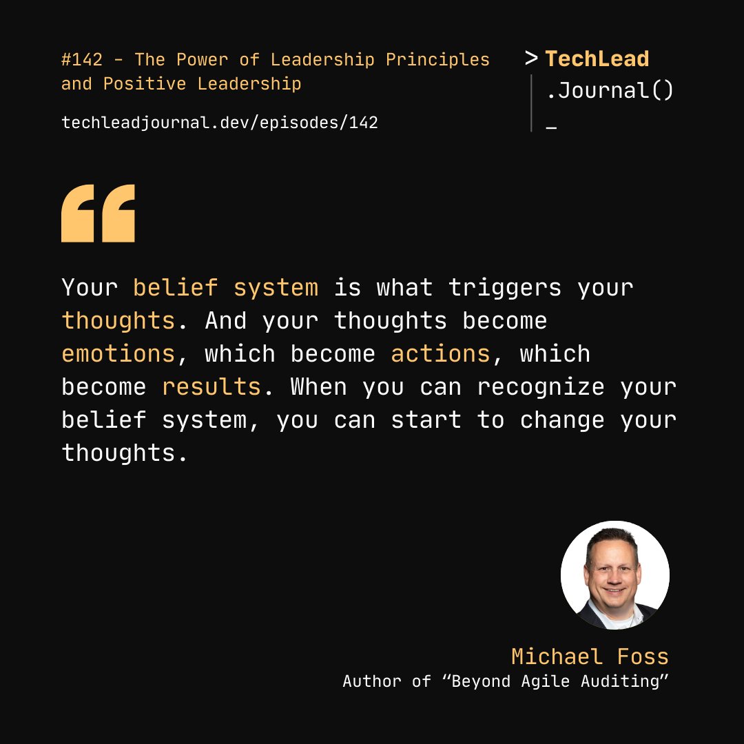 techleadjournal's tweet photo. Your belief system drives your thoughts that drive your results.

Hear more from @CoachFoss in episode 142.
https://t.co/9ixQ459RE5 https://t.co/CgBaFyS9eg