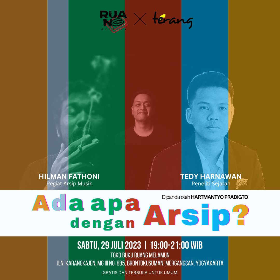 penerbitterang's tweet photo. Mendiskusikan sesuatu yang amat dekat dengan keseharian namun kerap terlewat dari perhatian: arsip. Maka, "Ada apa dengan Arsip?"

Sebuah kolaborasi antara Toko Buku Ruang Melamun dan Penerbit Terang menyajikan ruang untuk obrolan guna memantik wacana. Catat waktu dan tanggalnya! https://t.co/4STHbBDBF2