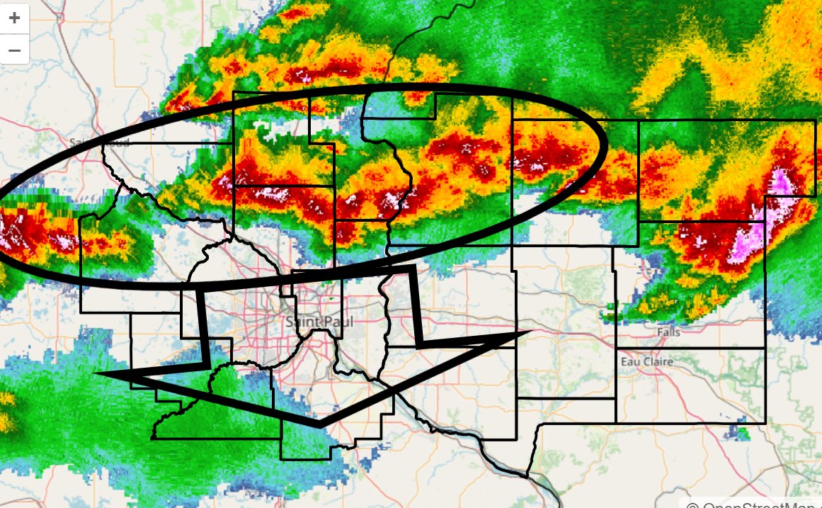 paulhuttnerwx's tweet photo. 🚨Heads up Twin Cities area: 🚨
Flood watch issued for all of MSP and beyond through 4 am CDT Friday. 🌧️🌧️
'Training' storms developing north of MSP are likely to sag slowly south with torrential rains overnight. Potential for 3 to 5 inches of rain locally. https://t.co/MdeCL04lEW