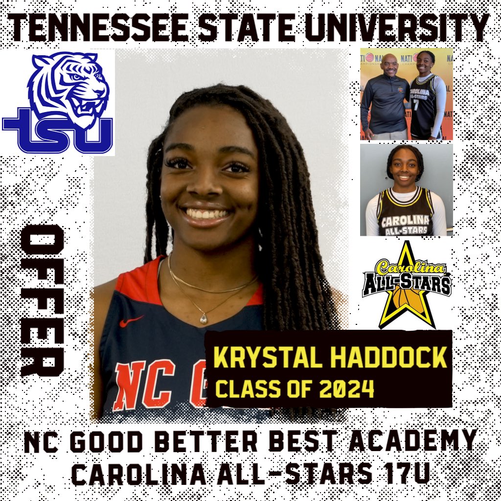 🚨Carolina All-Stars 17U 2024 D1 Offer Alert - Krystal Haddock🚨 

2024 KRYSTAL HADDOCK @krystal_haddock of @NCGBBA offered by Tennessee State University @TSUTigersWBB Head Coach Ty Evans @CoachTTE 

We are so proud & happy for our CAS17U GLUE‼️ Such a special young lady 🖤💛