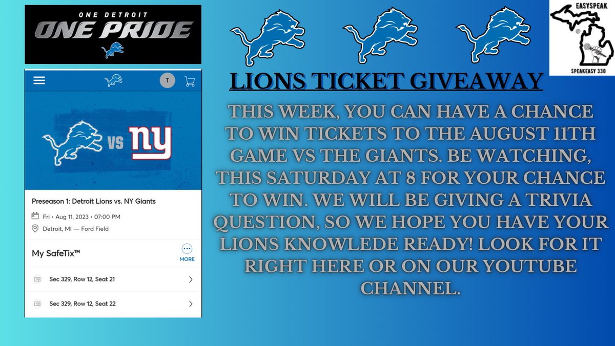 easyspeakcast's tweet photo. @Lions ticket giveaway, during our next episode, this Saturday at 8pm. You won’t want to miss this one. Look for it right here, Facebook or our YouTube channel.  https://t.co/IMOSPa6OMU https://t.co/UGPtM2zmwT
