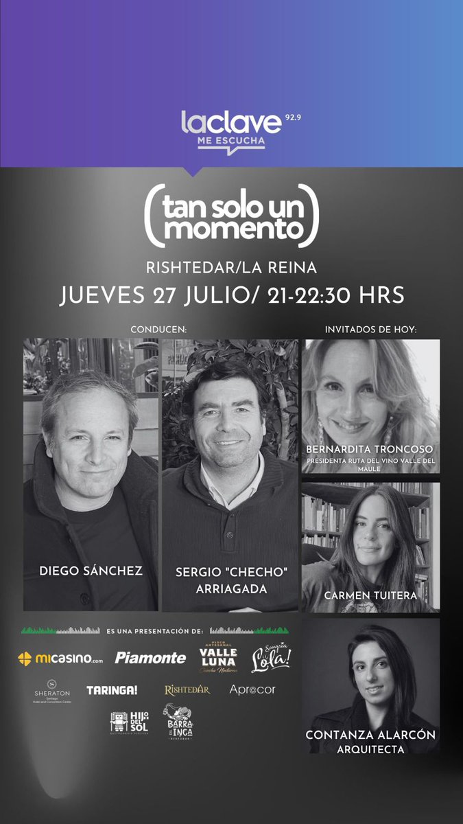 A las 21 horas nos encontramos en Rishtedar de La reina. "Tan solo un Momento" junto a <a href="/DiegoSanchezJ/">Diego Sanchez J.</a>  y <a href="/chechoapes/">Sergio Arriagada</a> . Grandes Conversaciones. <a href="/CarmenTuitera/">Carmen Castillo</a>