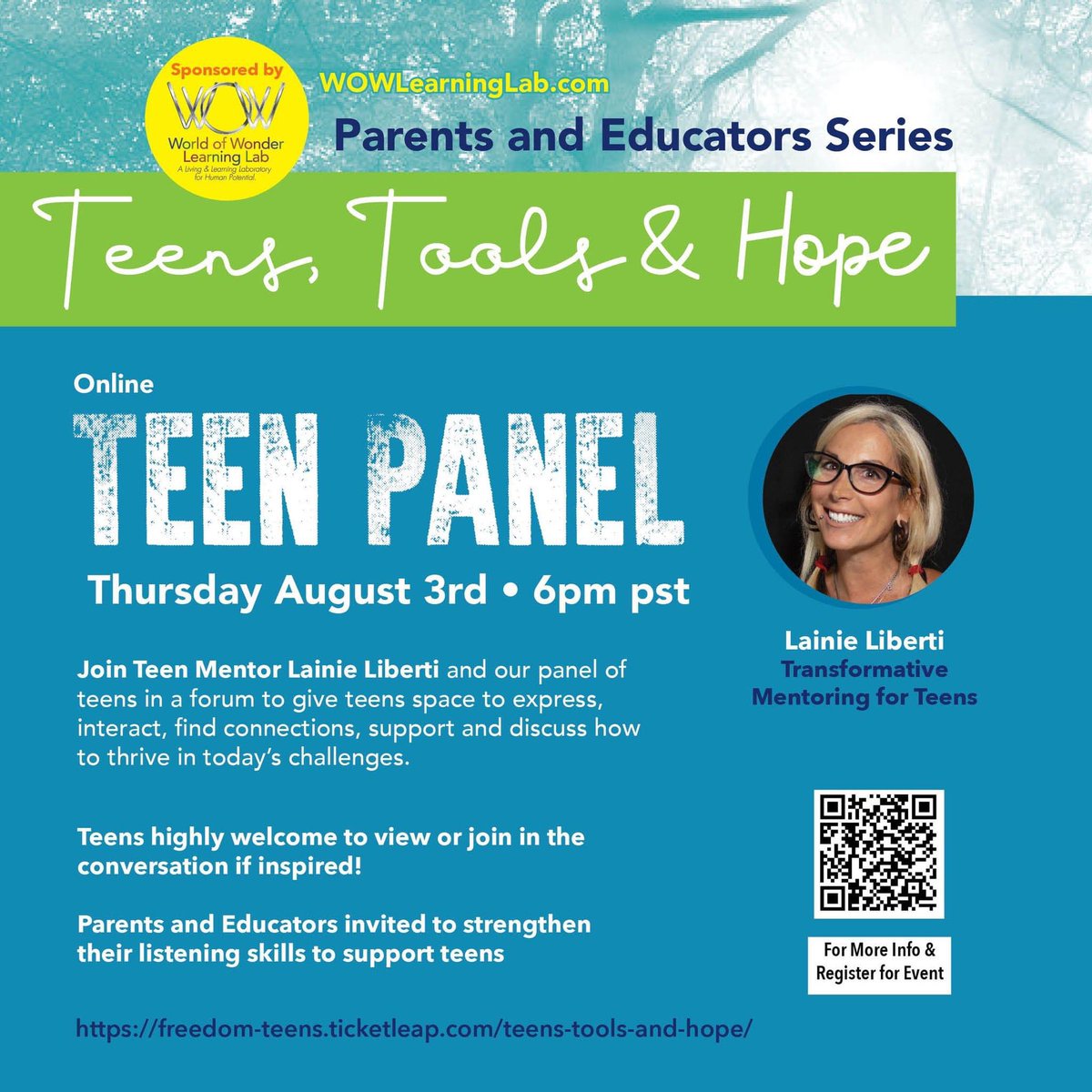 Calling all PARENTS OF TEENS! Join us Thursday, August 3rd, 6:00-7:00PM pst and listen in on what’s going on with our youth. Learn more &amp; register here: freedom-teens.ticketleap.com/teens-tools-an…

<a href="/ilainie/">Lainie Liberti</a> <a href="/judy_julin/">Judy Julin</a>