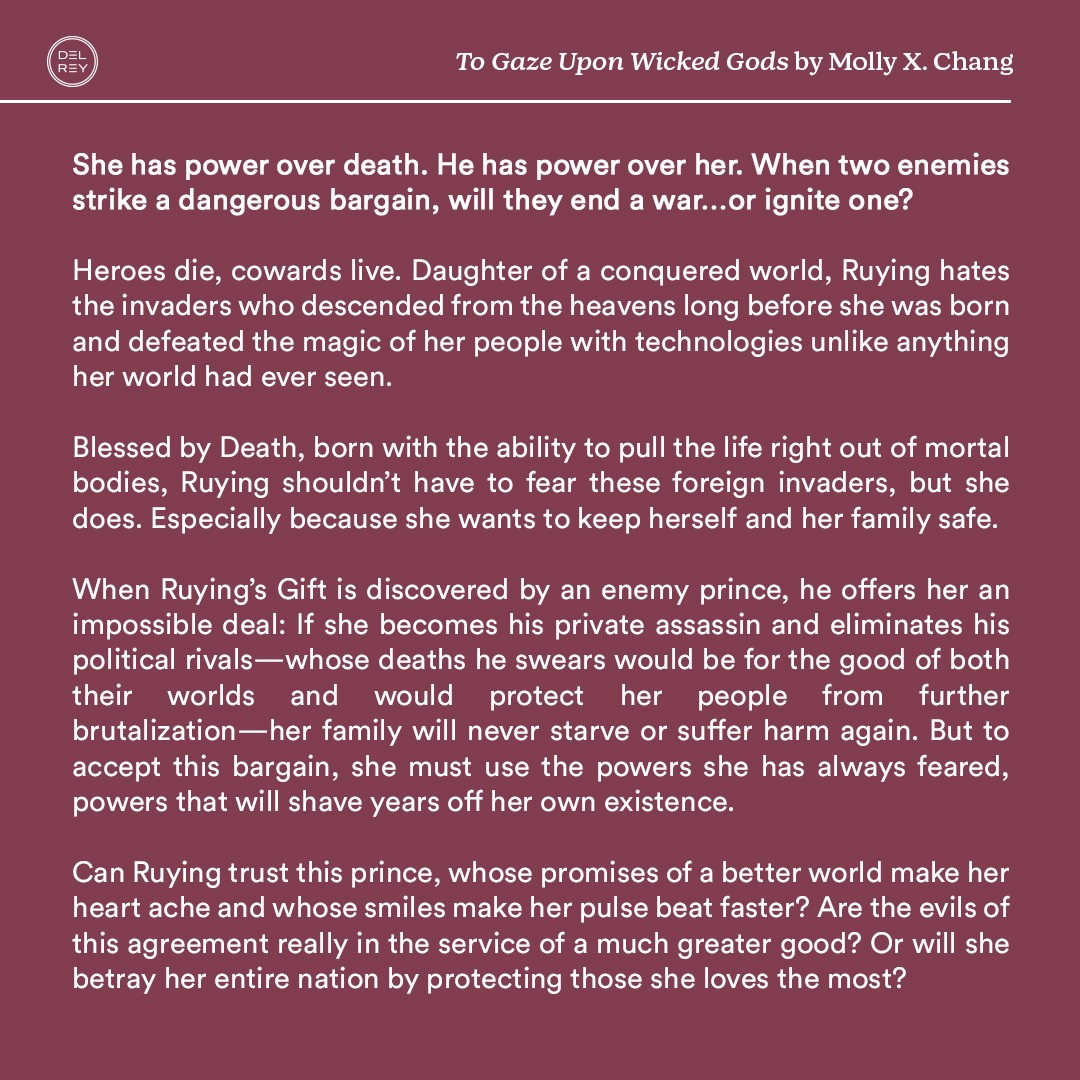 Another 👏 cover 👏 reveal 👏

Presenting the delicious cover of <a href="/mollyxchang/">Molly X. Chang✨</a>'s magical epic fantasy debut, TO GAZE UPON WICKED GODS! Get your preorder in here: penguinrandomhouse.com/books/726157/t…

Jacket illustration: <a href="/sijahongart/">sijahongart</a>
Jacket design: <a href="/reginaflath/">Regina Flath</a>