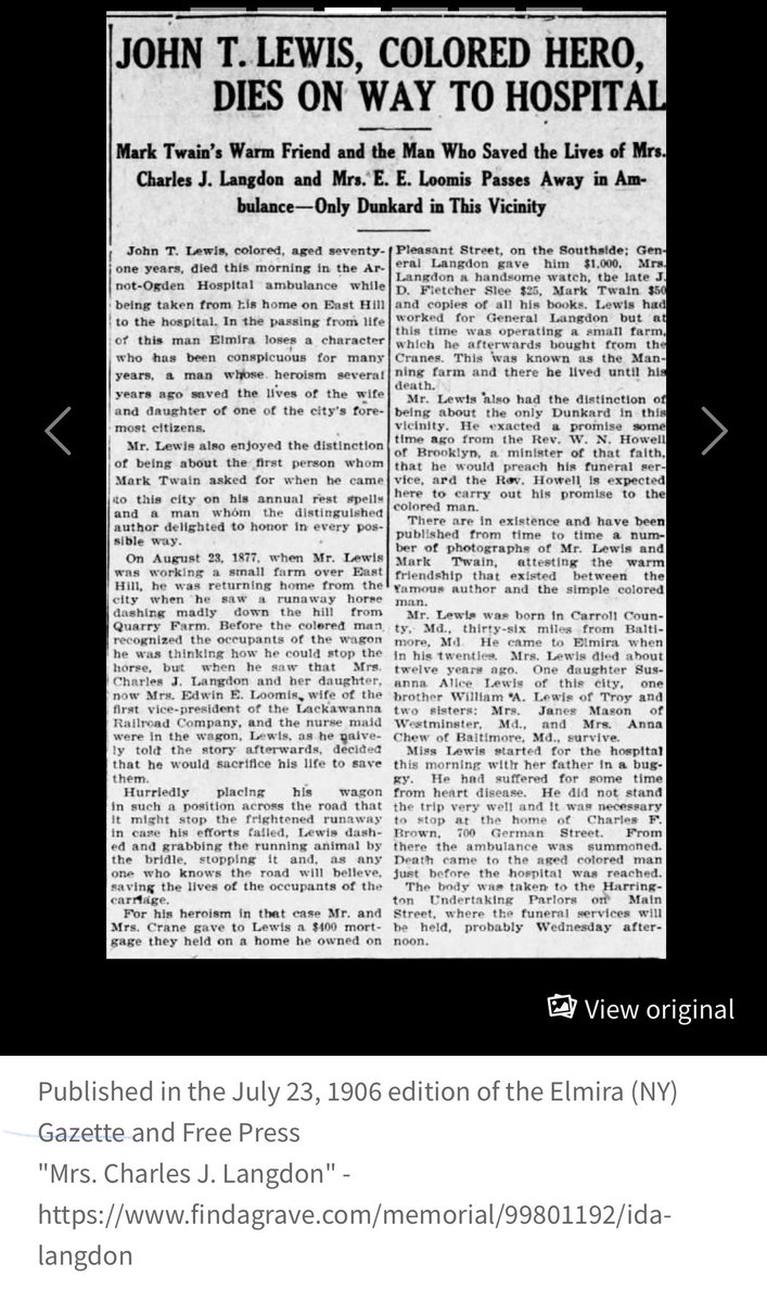 Heindsight's tweet image. In 1903, Twain and Lewis met for the last time at Quarry Farm. In 1906, the 71-year-old Lewis died and was buried in Elmira. Four years later, Mark Twain was also laid to rest in Woodlawn Cemetery at Elmira, just yards from his friend John T. Lewis.