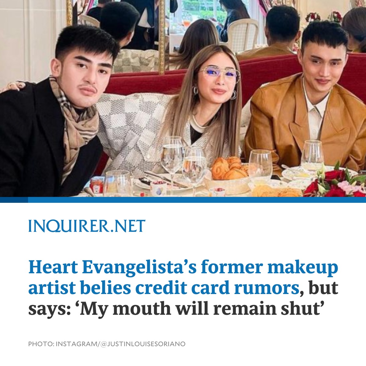 inquirerdotnet's tweet photo. Heart Evangelista’s former makeup artist Justin Louise Soriano spoke up to dismiss rumors that the actress had fired her previous glam team, including him, because they supposedly “maxed out” her credit card and spent her money.

READ: https://t.co/53CKDS7u5o https://t.co/MInI8yJBx8