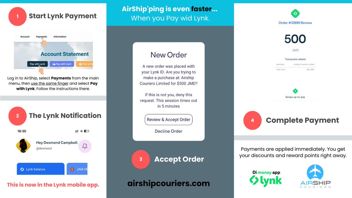 Scanning a QR, paying with <a href="/lynkjamaica/">LynkJamaica</a> &amp; logging it to your account wasn't that bad...

But now, you can pay directly with Lynk and SPEED things up! 

It's like paying with a card, but instead of paying fees you get reward points to pay for more packages!

#AirShipCouriers