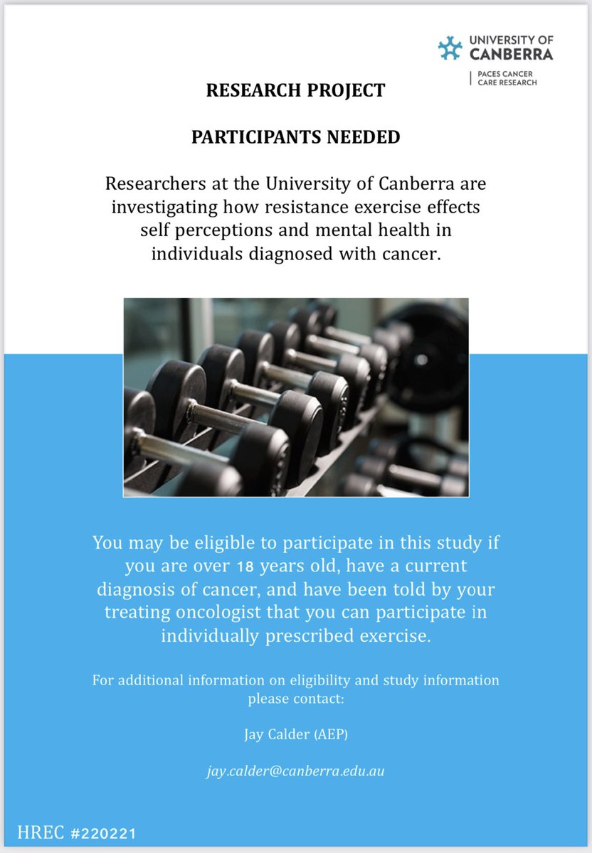Currently recruiting individuals diagnosed with cancer to participate in a six-week supervised resistance exercise research intervention.

Contact me if you or anyone you know are eligible &amp; interested in participating. 

<a href="/Kellietoohey/">Kellie Toohey (PhD) 🇦🇺</a> <a href="/Dr_Phil_K/">Phil Kavanagh</a> <a href="/PACES_UC/">Cancer Recovery at UC</a>