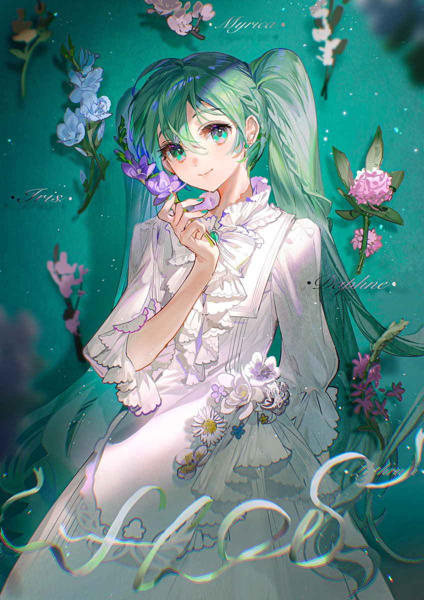 hatsune miku 1girl flower solo dress long hair twintails white dress  illustration images