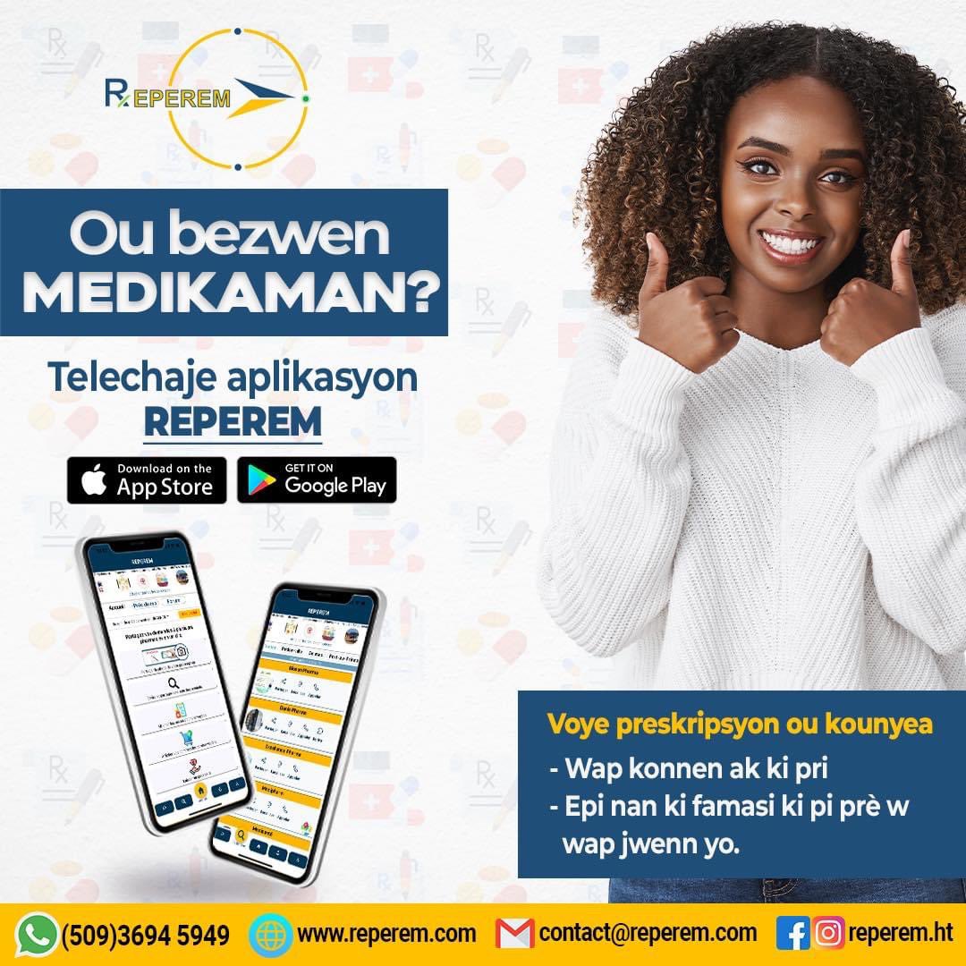 Reperemht's tweet photo. Ou bezwen medikaman? 🤔
Telechaje aplikasyon reperem kounyea sou
Appstore oubyen PlayStore 📲

Voye preskripsyon ou kounyea
- Wap konnen ak ki pri
- Epi nan ki famasi ki pi prè w wap jwenn yo.

Reperem, une application plusieurs pharmacies!!!
#reperem #medicament #pharmacy #app https://t.co/88bP9Fpwz4