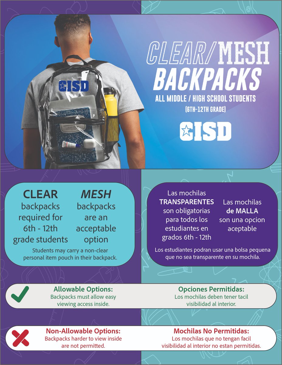 The CISD Board approved a new policy requiring 6th-12th graders to carry see-through (clear or mesh) backpacks inside the building. Enforcement begins Sept. 5. Watch: youtu.be/Q7ebe8uwQLY &amp; join us at noon &amp; 6 p.m. July 31 for a Safe Start Zoom. 
Zoom ID: 994 8152 2306