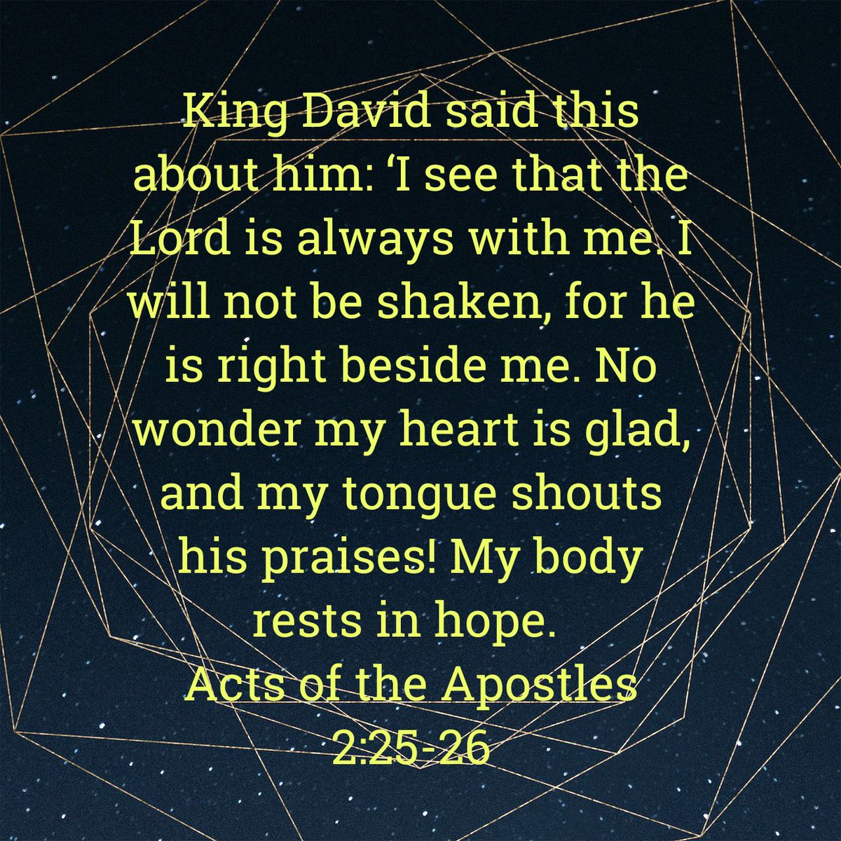 King David said this about him: ‘I see that the Lord is always with me. I will not be shaken, for he is right beside me. No wonder my heart is glad, and my tongue shouts his praises! My body rests in hope.
Acts of the Apostles 2:25-26
#PraiseTheLord
bible.com/bible/116/act.…