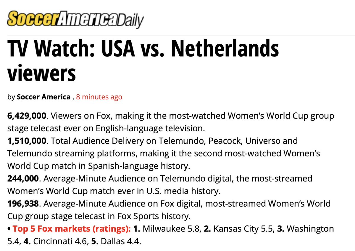 Surprise so far has been size of Spanish-language viewership. #USAvNED on Telemundo platforms was most-streamed #FIFAWWC  match in U.S. media history in any language. NBCUniversal's secret weapon, I am sure: Peacock.